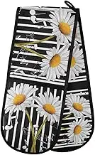 Quteprint Double Oven Mitts Stripe Music Notes Daisy, Heat Resistant 7"x35" Long Quilted Kitchen Oven Gloves for Baking, BBQ, Grilling & Microwave - Machine Washable with Hanging Loop