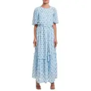 CIEBON Angela Metallic Silver Tinsel Print Ruffle Boho Maxi Dress Women's XS NEW