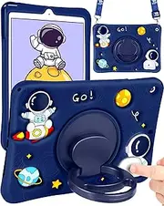Wazzasoft for iPad 9th/8th/7th Generation Case 10.2 Inch Boys Cute Astronaut Cover Kawaii 3D Cartoon Spacemen with Rotating Handle Stand + Strap Soft Silicon Funda for Apple iPad Cases 9th/8th/7th Gen