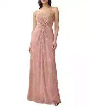 Aidan Mattox Strapless Twist Front Metallic Gown Women's 6 Rose Gold Pleated Zip