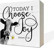Christian Wood Signs, James 1:2 - Today I Choose Joy, Box Sign Decor Tabletop, Cow Decor Sign, Decorative Block Sign, Inspirational Sign, Farmhouse Decor for Shelf, Rustic Christian Home Table Décor