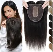 Topper 12x13cm Human Hair Topper for Women Natural Look Straight Hair Breathable Silk Base Clip In Brazilian Remy Hair Pieces Increase Hair Volume(Dark Blonde+Bleach Blonde,35CM)