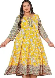 [Yash Gallery] Women's Plus Size Cotton Geomatrical Printed Anarkali Dress for Women (Blue, 4XL)