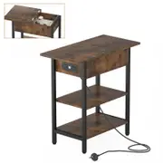 Advwin Side Table Flip Top Sofa End Table w/ Charging Station Narrow Bedside Table Walnut