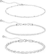 [LAXPICOL] 3PCS Silver Anklet Bracelet For Women/Girls, Adjustable Layered Women's Anklet Set,Waterproof Summer Beach Anklet Set Beaded Rope Link Jewelry Gifts For Women