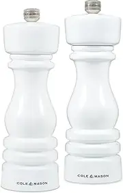 Cole & Mason London Salt and Pepper Mills Gift Set | White Gloss Finish | High-Grade Beech Wood | Adjustable Precision+ Carbon Steel and Ceramic Mechanisms | Etched S&P On Top | 18 cm Height