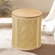 Furb Coffee Table Round 40CM Rattan Side Table, Modern Accent Bedside Table with Storage & Natural Cane Webbing, Sturdy Soild Wood Frame Sofa Tea Table for Home, Living Room, Office, Balcony(Oak)