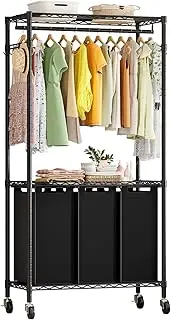 3-Section Laundry Sorter with Hanging Bar with Wheels,Rolling Laundry Hamper Cart with Hanging Rack,3-Bag Laundry Basket Organizer Sorter with Removeable Bags for Laundry Room