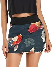 [RPLIFE] Cute Fox Mini Athletic Skort, Women Tennis Skort with Pockets，Water Resistant Skirt Women, Many Koi Fishes Blue, Small