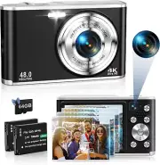 4K Digital Camera, 48MP Autofocus Compact Kids Camera Dual Camera, 16X (Black)
