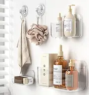 JNDETOP Shower Caddy, 5 Pack Adhesive Clear Acrylic Bathroom Shower Shelf Organizer, Transparent No Drilling Wall Mount Shower Storage with Soap Holder and Hooks