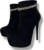 [Frankie Hsu] Ladies Sexy Stiletto Platform Ankle High Heeled Bootie, Black Suede Gold Chain Link Big Large Size US5-19 Shoes For Women Men