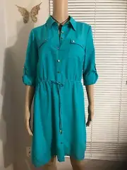 NEW Spence Women's Coolmint Elastic -Waist Button Up 3/4 Sleeve Dress Size 10