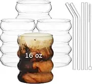 ALINK 16 oz Bubble Drinking Water Glasses Tumblers- Glass Cups Cute Ripple Shaped Vintage Ribbed Glassware- Cocktail,Soda, Juice, Coffee, Milk - Set of 4