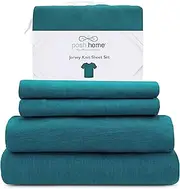 Posh Home Jersey Knit Sheet Set – 4-Piece Jersey Bed Sheets – T-Shirt Breathable & Soft Cotton Jersey Sheets - Includes Flat Sheet, Jersey Fitted Sheet, & 2 Pillowcases - Queen Jersey Sheets, Teal