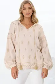 Wrenlow Blouse - Embroidery Mandarin Collar with Neck Tie Pull Over Blouse in Beige