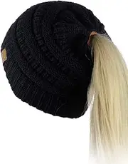 [C.C] BeanieTail Soft Stretch Cable Knit Messy High Bun Ponytail Beanie Hat