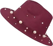 [FUDERU] Women Lady Trendy Pearl Band Fedora Hat Wide Brim Felt Panama Classic Floppy Panama Hat Wool Felt Top Cap