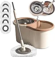 Tovar Easy Cleaning Mop and Bucket, 360° Spin Mop and Bucket with 5 Microfiber Mop Replacement Heads Refills, Tovar Easy Cleaning (Brown,5 Mop Heads)