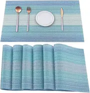 HeloHo Blue Placemats Set of 6,Stain-Resistant Kitchen Table Mats Washable Placemats Crossweave Woven Vinyl Placemat for Kitchen Dining Table