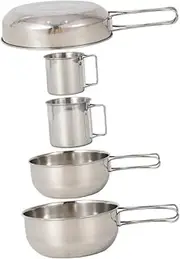 NULYLU Stainless Steel Pot Cup Set 5pc Camping Tableware Folding Handle for Easy Storage