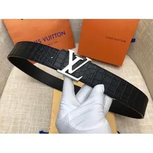 铭牌二手/二手Louis Vuitton LV路易威登男士皮帶 平滑扣 鱷魚紋頭層 牛皮皮帶 潮流百搭 LV皮帶