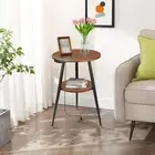 End Table with Charging Station, 2 Tier Walnut Wood Small round Side with Storag