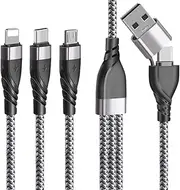 Multi Charging Cable, USB A/USB C Multiple Charger Cable Braided 5 in 1 Fast Charging Cord with Type-C/Micro USB/IP Port for Phone 16 15 14 13 12 11 Samsung Galaxy Tablets Android and More- 1.2m