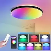 SILAMPDI Led Ceiling Light WiFi Tuya Control, 24W Smart Ceiling Light Black, RGB Mode with Remote Control 16 Million Colors Timer & Memory 3000K-6500K Connect Alex Google Siri for Bedroom Living Room