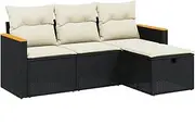 vidaxl Garden Sofa Set with Cushions - Black Poly Rattan Modular Outdoor Lounge Furniture 4-Piece - Patio, Terrace, Deck - Washable Polyester Covers