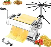 [Lynndia] Pasta Maker Machine Stainless Steel Manual, 9 Adjustable Thickness Settings, Includes Pasta Roller, Cutter, Removable Handle and Pasta Drying Rack, Perfect for Spaghetti (Sliver)