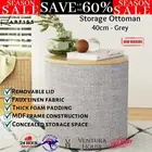 Artiss Storage Ottoman Blanket Box Round 40cm Linen Foot Stool Coffee Table Grey