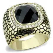 Men'S Classy Synthetic Jet Black Stone Yellow Gold Ip Stainless Ring 8-13 Tk3221