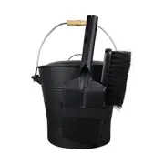 Ash Bucket with Lid, Includes A Firepit Shovel and Broom, 2 Gallon Black