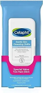Cetaphil Face and Body Wipes, Gentle Skin Cleansing Cloths, 50 Count, Twin Pack, for Dry, Sensitive Skin, Flip Top Closure, Great the Gym, Travel, in Car, Hypoallergenic, Fragrance Free, White