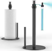 Paper Towel Holder with Spray Bottle, Countertop Paper Towels Dispenser Stand with Sprayer Inside Center, Stainless Steel Paper Towel Holder Stand with Base for Kitchen, Bars, Dining Tables (Black)