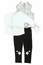 Buffalo David Bitton Girls 3-pc Set Silver Vest/White Shirt/Black Pants Size 3T