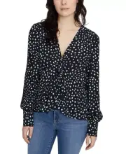 Sanctuary Women's Ella Print Tie Front Blouse Blue Black Size Medium