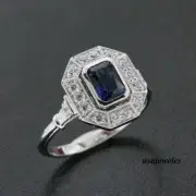 1.55CT Emerald Cut Real Blue Sapphire 14K White Gold Finish Wedding Jewelry Ring