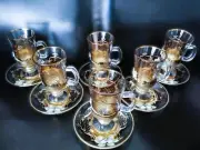 Bohemia glass tea, coffee cups decorated gold and enamel, 6+6 pcs