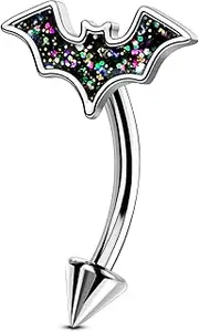 [OUFER] Bat Halloween Rook Piercing Jewelry, 316L Surgical Steel Eyebrow Piercing Jewelry, Multicolor Glitter Rook Earrings for Women, Hypoallergenic Eyebrow Rings, 16G 8mm Curved Barbell