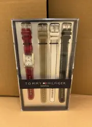 Tommy Hilfiger Silver Rectangle Watch 4 Color Straps red, green, white, blk NIB