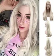 Platinum Blonde Wave Hairs 24" Long Natural Wave Realistic Hairline Synthetic Lace Front Wigs Soft Glueless Half Hand Tied Wig 180% Density Heat Resistant Hair for Woman (WHITE GOLD, 24 inch)