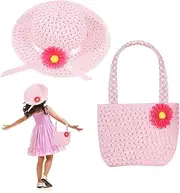 PORUPAEL Girls Straw Hat and Handbag Sets, Pink Summer Beach Straw Hat and Mini Handbag Set Cute Sun Cap Girl Foldable Wide Brim Hat Sun Protection Floppy Beach Cap for Little Girls Age 3-12