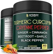 Herbpy 7in1 Turmeric and Cayenne Pepper Supplement - Digestion, Immune, Brain & Heart Health Support with Ceylon, Ginger, Garlic, Beetroot 2Pack60