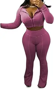 [Quzzion] Womens 2 Piece Sets Fall Tracksuits Zip Up Hooded Long Sleeve Crop Tops Jackets and Flared Long Pant Sweatsuits