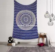 Blue Gold Ombre Mandala Tapestry Indian Cotton Wall Hanging Bedspread Bedding