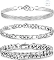 3 Pc Chain Bracelet for Men Women, S925 Sterling Silver Cuban Herringbone Figaro