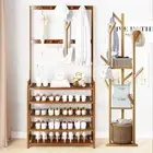 Bamboo Entryway Shoes Storage Rack Coat Hanger Standing Shelf Hall Tree Hooks AU