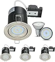 Unikcst 4X Dimmable LED Downlights Fire Rated GU10 Spot Lights Tilt Recessed Ceiling Light Fittings Brushed Chrome Spotlights 240V for Kitchen Living Room, Incl.5 W Cool White Bulbs